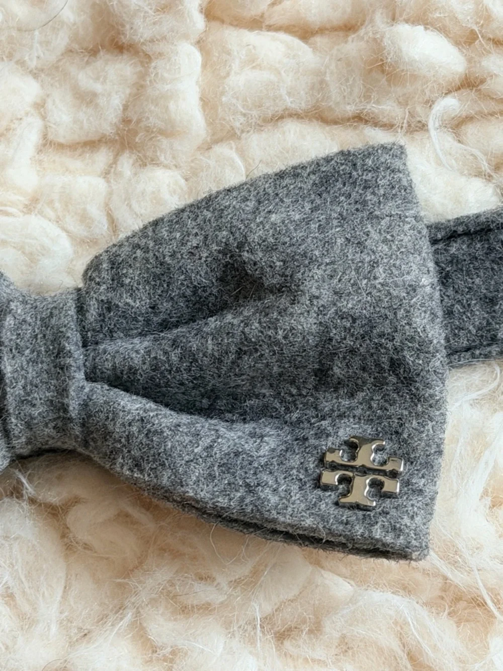 Tory Burch Gray Wool & Leather Bow Tie Dog Collar Size Large Wedding Luxury